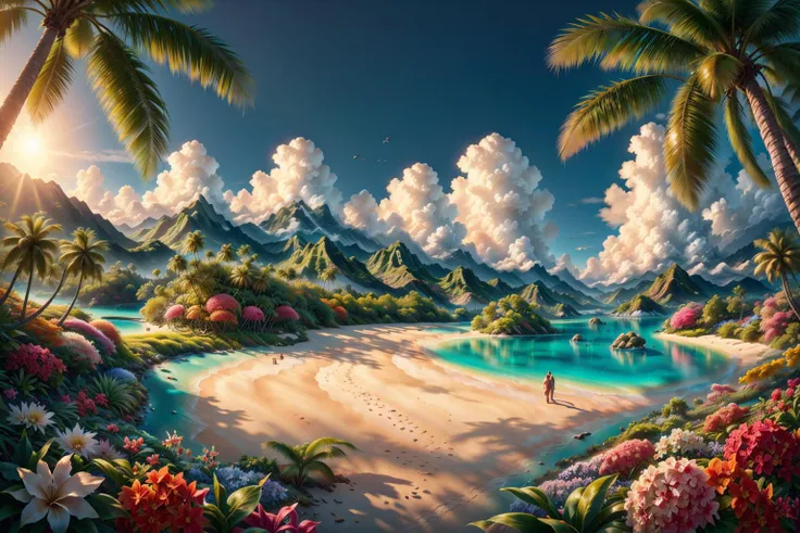 RAW photo of a an incredible lagoon, cabanas along the shore, islands visible in the distance, bloom, foliage, gardenia, pure, scent, vibrant, <lora:Rainbow_Island:1>