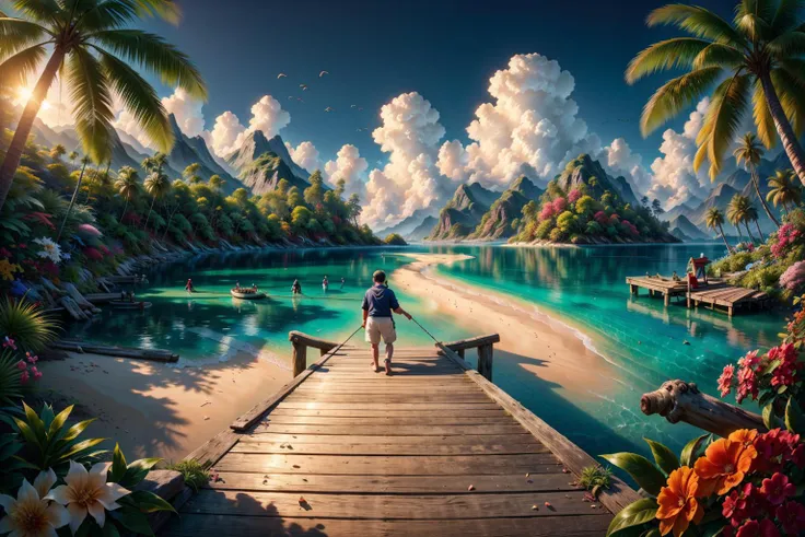 RAW photo of a long wooden pier, a man fishing with his fishing pole, tacklebox, a dog sitting next to him, bloom, foliage, gardenia, pure, scent, vibrant, <lora:Rainbow_Island:1>