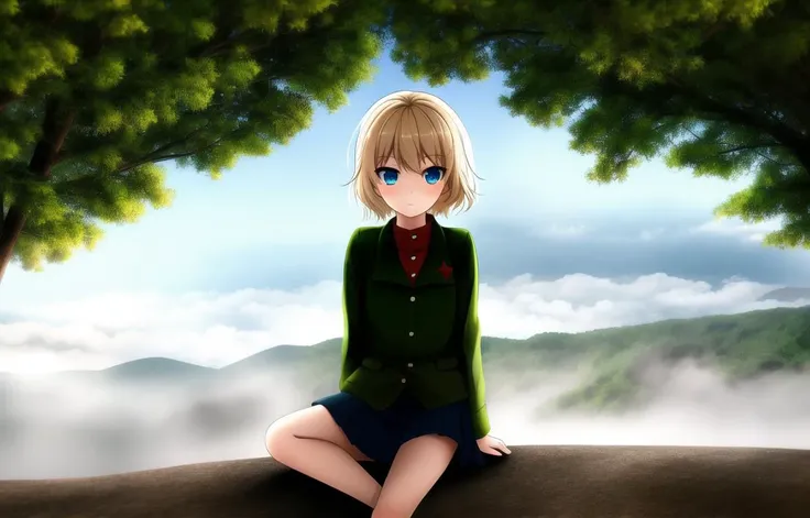1girl, blond hair, short hair, blue eyes, green jacket, red shirt, black skirt, pravda school uniform, sitting, forest in the background, fog <lora:Katyusha:0.6>