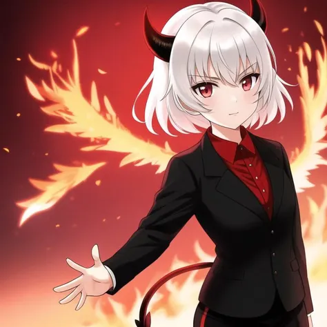 1girl, white hair, short hair, red eyes, black suit jacket, black pants, fire in the backgorund, horns, tail, demon <lora:KatyushaV1_22:0.6>