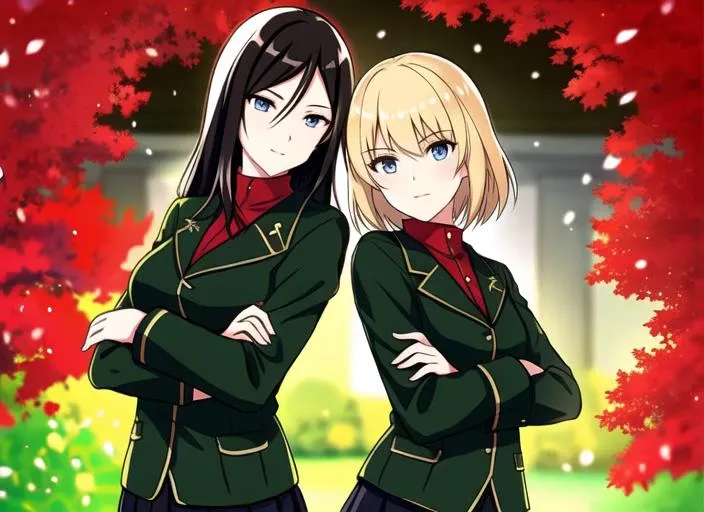 garden
AND 1girl, black hair, long hair, blue eyes, crossed hands, green jacket, red shirt, black skirt, pravda school uniform <lora:Nonna768:0.5>
AND 1girl, blond hair, short hair, blue eyes, crossed hands, green jacket, red shirt, black skirt, pravda school uniform <lora:KatyushaV1_22:0.5>