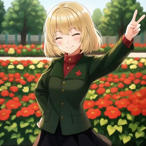 1girl, blond hair, short hair, closed eyes, green jacket, red shirt, black skirt, pravda school uniform, peace sign, smile, garden in the background, closeup <lora:KatyushaV1_22:0.6>