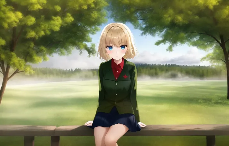 1girl, blond hair, short hair, blue eyes, green jacket, red shirt, black skirt, pravda school uniform, sitting, forest in the background, fog <lora:KatyushaV1_22:0.6>