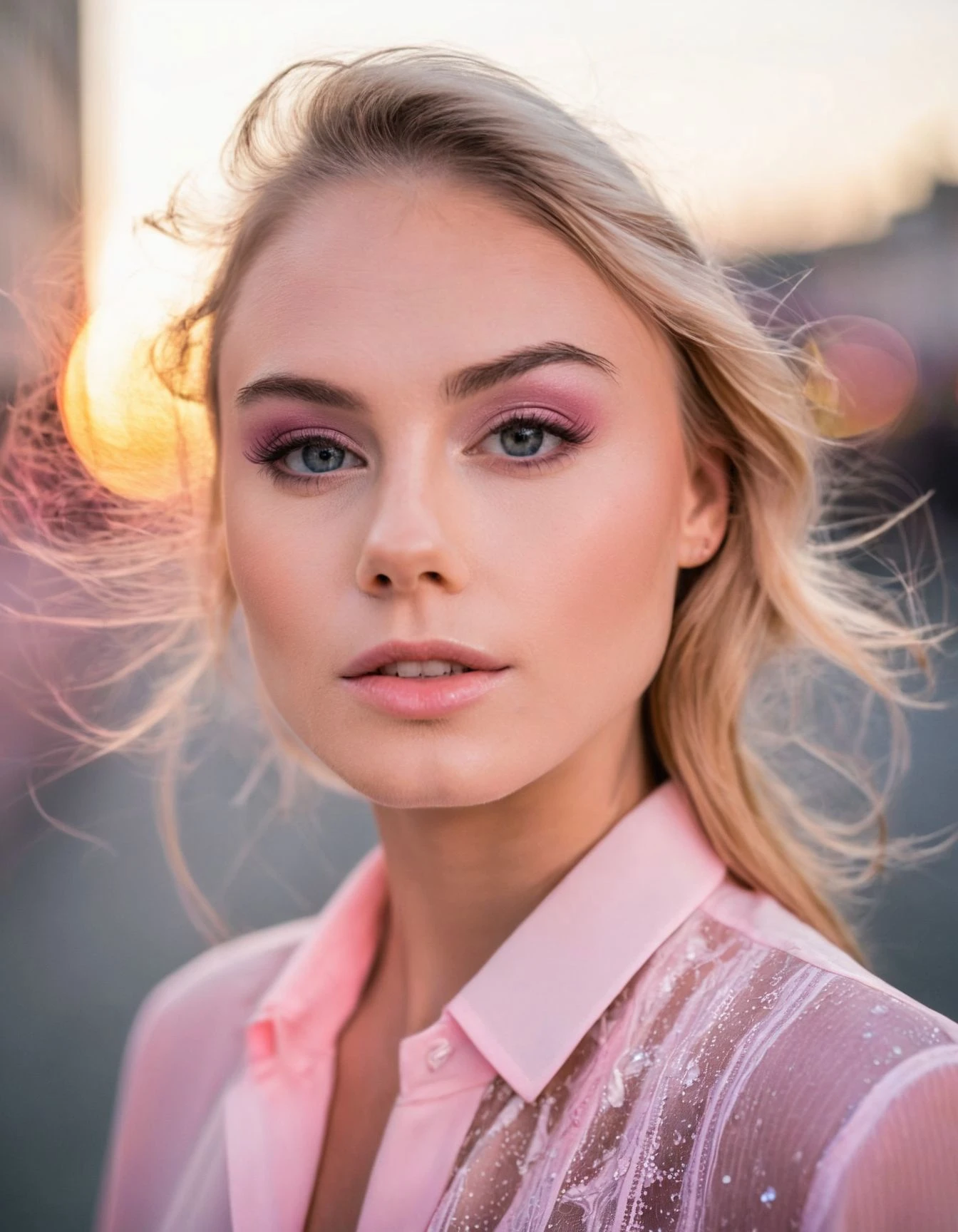 professional medium format 50mm (close-up headshot portrait) photography of a enchantingly gorgeous ((NancyAce woman)) <lora:NancyAce_SDXL_v1.0-000014:1.1> in the city at dawn, shot on a Canon EOS R, extreme bokeh, wearing modest Dior pink blouse,