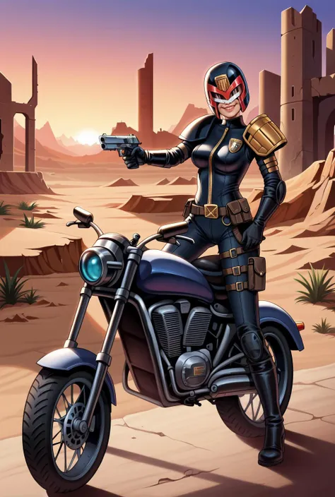 (depth of field, bokeh:0.7), (score_9, score_8_up, score_7_up, 4k), landscape, ((a realistic photo of a futuristic city ruins castle)), feel magical, the photo has 20% purple sky, dark theme, the time of day is 3pm, barren desert, motorcycle, BREAK
1girl, evil smile, helmet, holding, face focus, mask, realistic, science fiction, uniform , armor, gun, holding gun, m1n1_uzi, loading, weapon, helmet, <lora:Judge_Dredd_Comic_Style_v2_Pony_SDXL:0.6>