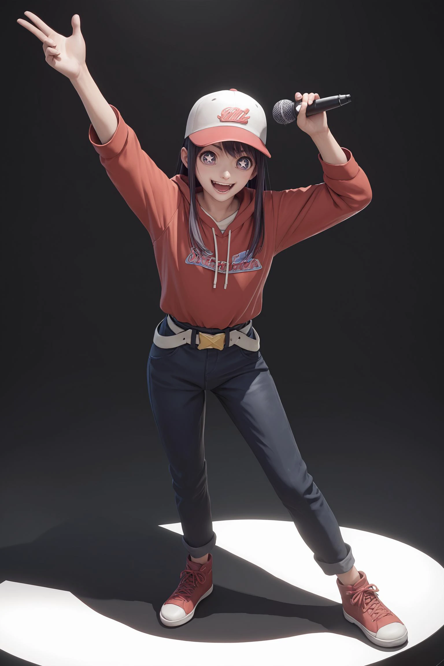 masterpiece, detailed quality, 1girl, solo, black background, score_9, source_anime, score_8_up, score_7_up, x3dce, <lora:X3dCE_PDXL:.6> <lora:oshinoko_aihoshino_ponyXL:0.8> aihoshino, star-shaped pupils, belt, happy, breakdancing, cardboard, baseball cap, hoodie, full body, microphone