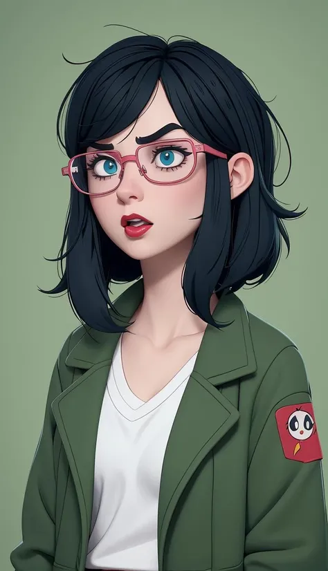 1girl, <lora:Diane_Nyugen:1> Large black hair with messy strands, pale skin, blue eyes, red lipstick, surprised expression, green jacket, white t-shirt, (cartoon:1.3), detailed eyes, pink lips, rectangular glasses, green,
