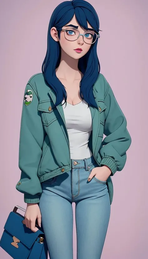 1girl, <lora:Diane_Nyugen:1> Large dark blue hair, rectangular glasses, blue eyes, neutral expression, pale skin, green jacket, white shirt, blue jeans, holding cigarette, (cartoon:1.3), detailed eyes, pink lips