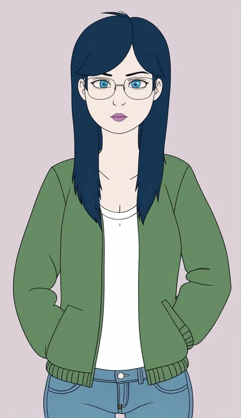 1girl, <lora:Diane_Nyugen:1> Large dark blue hair, rectangular glasses, blue eyes, neutral expression, pale skin, green jacket, white shirt, blue jeans, (cartoon:1.3), detailed eyes, pink lips