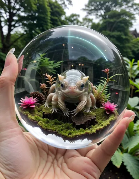 A detailed and intriguing scene showcasing a creature encapsulated within a transparent glass orb