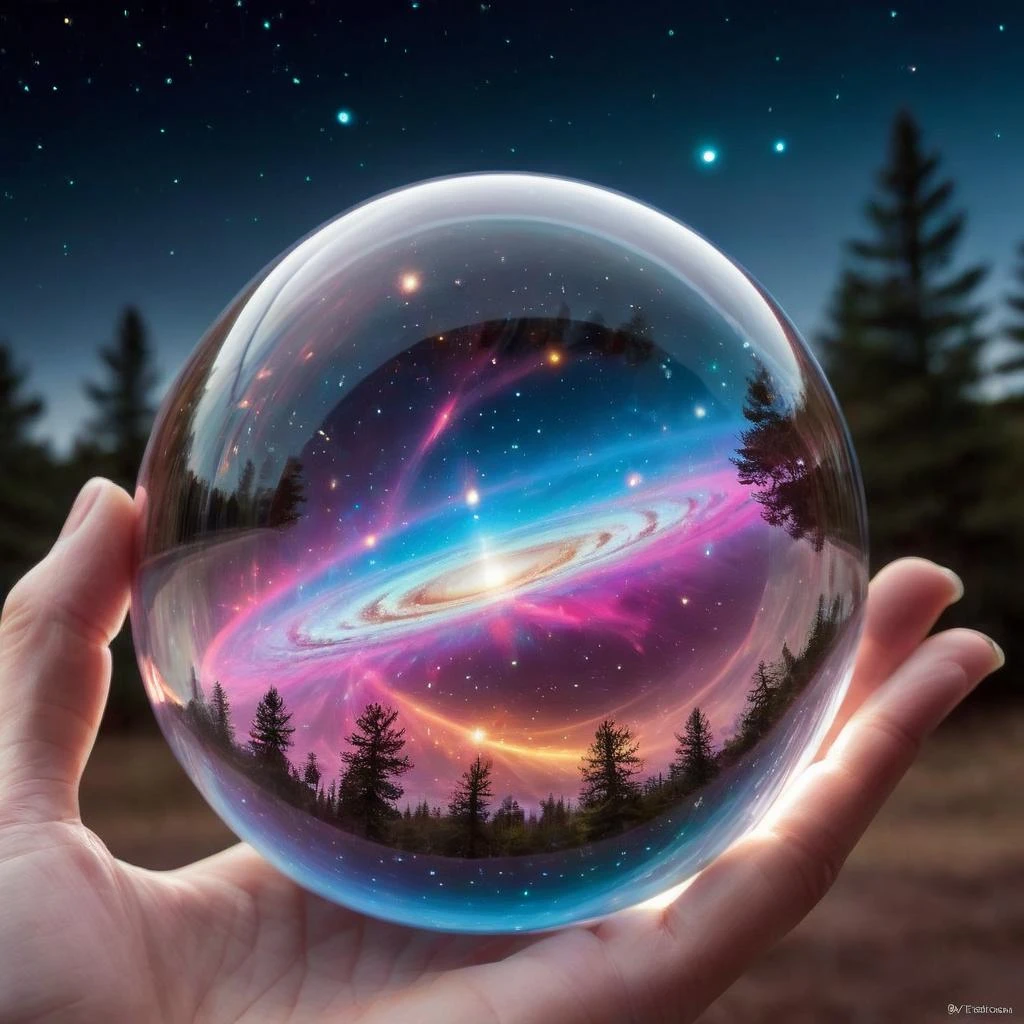 A mesmerizing scene capturing the vastness of space, studded with twinkling stars, swirling galaxies, and vibrant nebulas, all encapsulated within a transparent glass orb. A sleek and futuristic UFO hovers within this miniature cosmos, its metallic surface reflecting the myriad colors of the universe around it. The glass orb should be crystal clear, allowing a full view of the cosmic wonders and the spaceship inside, and possibly reflecting lights or the environment around it. The setting can be neutral to emphasize the orb and its contents. The photograph's quality should be of high resolution, ensuring every detail, from the intricate patterns of the galaxies to the design of the UFO, is captured with sharpness and clarity.,dishclothball ,<lora:gball:0.55>