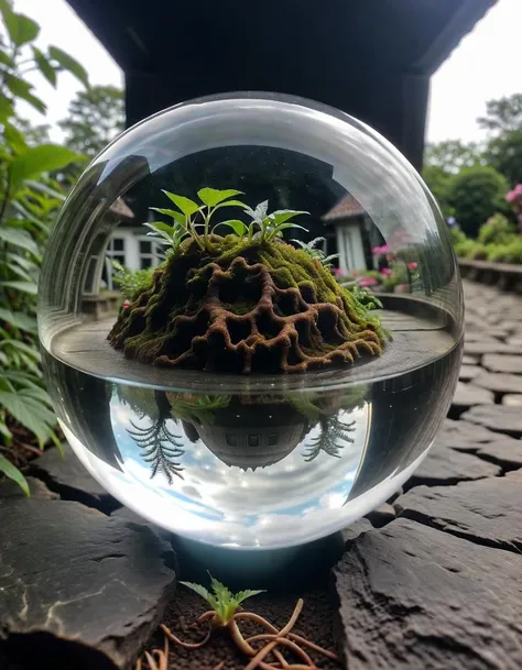A detailed and intriguing scene showcasing a creature encapsulated within a transparent glass orb. The monster should have distinctive features, perhaps with scales, multiple eyes, or sharp claws, exuding an aura of mystery and wonder. The glass orb should be clear, allowing a full view of the creature inside, and possibly reflecting lights or the environment around it. The setting can be neutral to emphasize the orb and its contents. The photograph's quality should be of high resolution, ensuring every detail, from the creature's features to the reflections on the glass orb, is captured with sharpness and clarity.
, <lora:gball:0.55>
