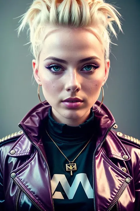 modelshoot style A stunning intricate full color portrait of margot-robbie-subject,
epic character composition,
smokey eyes and heavy makeup,
synthwave style white swpunk jacket,
dark purple fauxhawk,
lightrays and lightgeo,
by ilya kuvshinov, alessio albi, nina masic,
sharp focus, natural lighting, subsurface scattering, f2, 35mm, film grain
