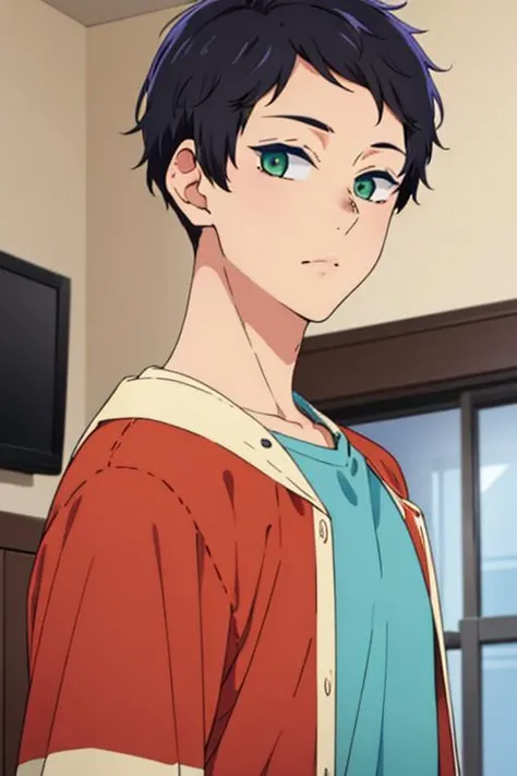 (best quality:1.1), (masterpiece:1.4), movie still, 1boy, solo, male focus, looking at viewer, upper body, , , , <lora:hayato_yuzuki:0.78>, hayato_yuzuki, black hair, green eyes, short hair, , messy room, 8k resolution