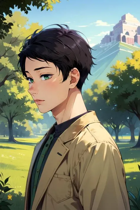 (best quality:1.1), (masterpiece:1.4), , 1boy, solo, male focus, , , , , realistic, <lora:hayato_yuzuki:0.82>, hayato_yuzuki, black hair, green eyes, short hair, king costume, The Valley of the Lost, High definition