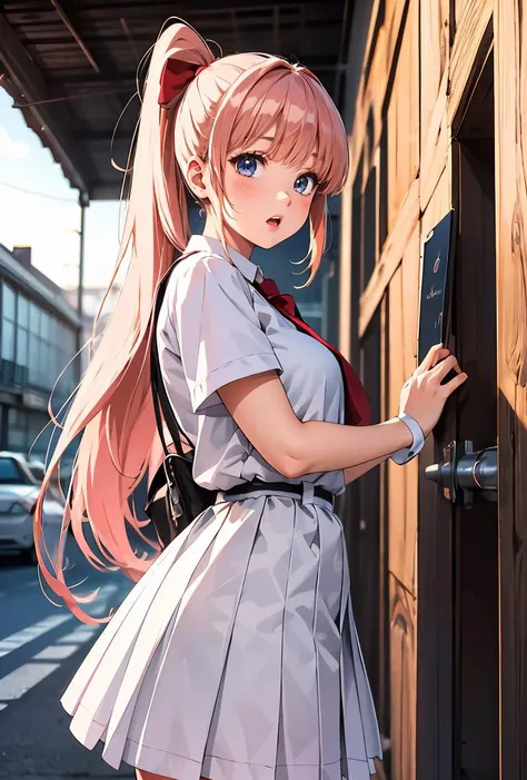 Lift the hem of the skirt、Woman showing underwear in embarrassment、age19、blushed face、Blue lace underwear on top and bottom、Twin-tailed,Pink hair,bow ribbon,Black skirt,