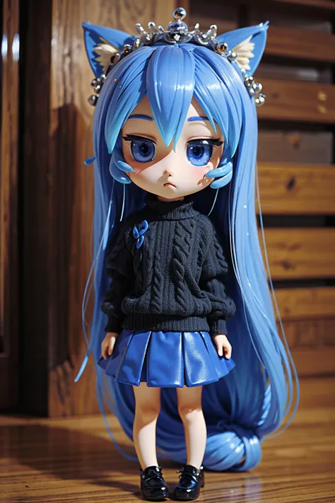 tzummn, long hair, blue hair, looking at viewer, blush, skirt, animal ears, eyes, cat ears, chibi, sweater, blue skirt, crown, <lora:Miniwa_Tsumiki_10_01:1>