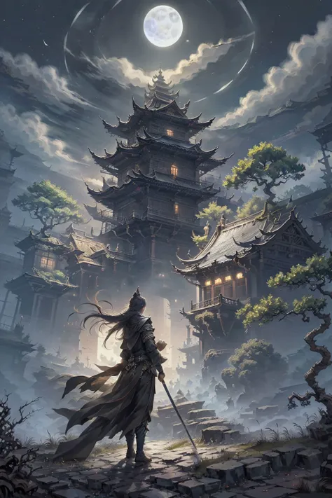 <lora:wuxiashijieV1:0.8>,1girl,holding sword,full body,east asian architecture,stading on rooftop,moon,night,<lora:Night:0.5>, fantasy,night,tree,Medieval fantasy world,Moonlight at night,wilderness,night,