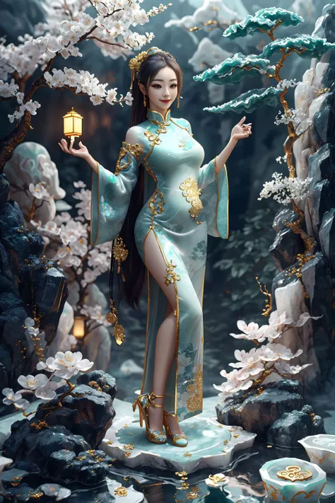 1girl,jade dress,long hair,(white jade skin:1.3),jade clothes,full body,smile,Chinese style,jade carving,gold and jade carvingt,Jade,three-dimensional,3D,blender,C4D,<lora:jade:1.2>,, (masterpiece, best quality, high quality, highres, ultra-detailed),