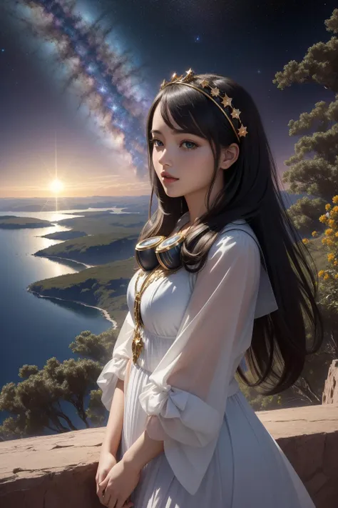 1girl, masterwork 3D Rendering, crowded vegetation and Extragalactic planet in background, majestic, Landscape of a ("Father Knows Worst":1.3) , it is very Moist and Feigned, [Dense|Glam] Bissau in background, Stars in the sky, horizon-centered, Magic Realism, Romantic, Classical Realism, specular lighting, Low shutter, Ektachrome, nightmare fuel, poster art, ultra high res, most beautiful artwork in the world