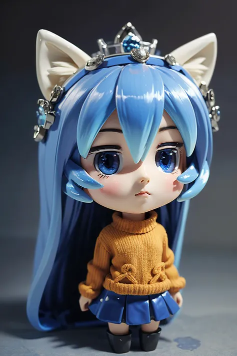 tzummn, long hair, blue hair, looking at viewer, blush, skirt, animal ears, eyes, cat ears, chibi, sweater, blue skirt, crown, <lora:Miniwa_Tsumiki_10_01:1>