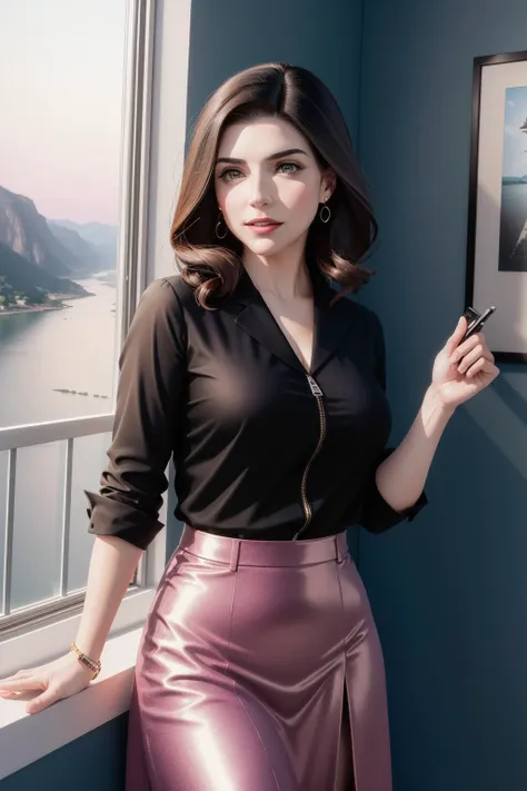 1girl, (art by Fritz Lang:0.8) , cinema art, professional Cycles render, crisp lines, full shot of a ([Shar Pei:Alicia Florrick:4]:1.3) Vagabond, it is very Dimensional and Hyper-Creative, dressed in a very Sharp Midi skirt and blouse, The Midi skirt and blouse has large zippers, looking towards camera, plain Green and DayGlo purple background, Cosplayer indoors with River stone, at Sunrise, horizon-centered, ultrafine detailed, Satisfying, Modern European Ink Painting, Indirect light, Zoom lens, Desaturated, Rule of Thirds, Instagram, 4K, octane engine