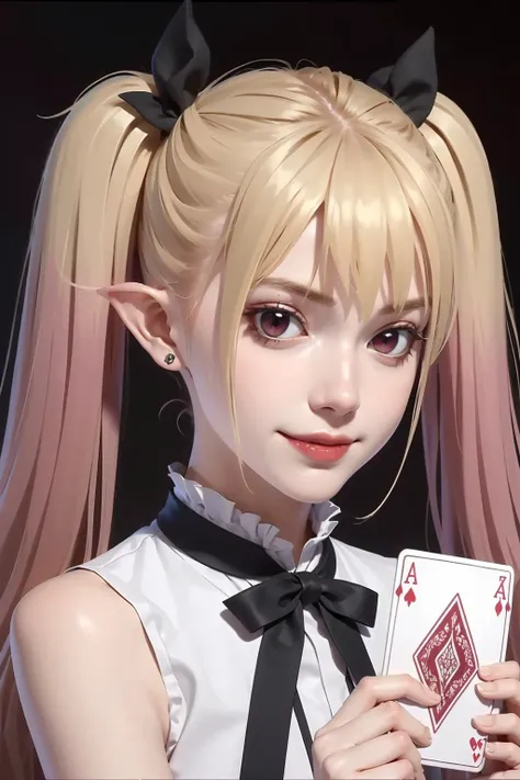 vvnlla, blonde hair, multicolored hair, twintails, pointy ears, ribbon, black ribbon, neck ribbon, shirt, sleeveless, sleeveless shirt, pink hair, red eyes, looking at viewer, bow, wings, sleeveless, pointy ears, striped, holding, holding card, playing card, evil smile, <lora:Himesama_Goumon_Vanilla_00_01:0.8>
