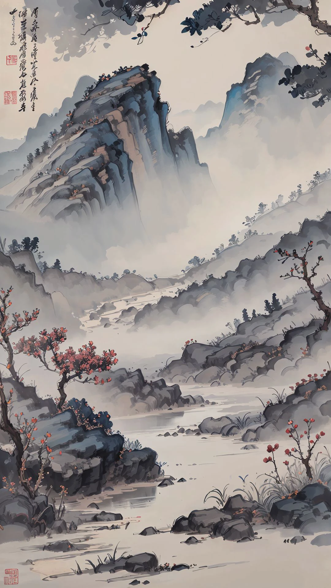 <lora:Zhang Daqian:0.9>,zhang daqian,no humans,scenery,traditional media,outdoors,nature,painting \(medium\),<lora:MoXinV1:0.3>,shuimobysim,<lora:shukezouma_v1_1:0.6>,shukezouma,, (masterpiece, best quality, high quality, highres, ultra-detailed),