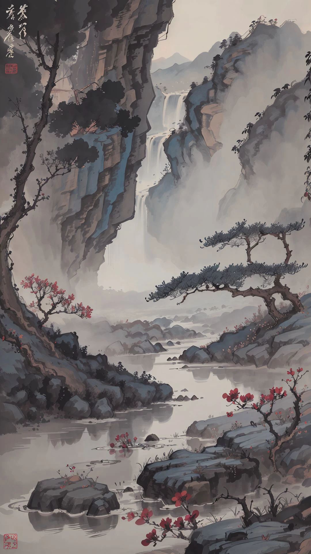 <lora:Zhang Daqian:0.9>,zhang daqian,no humans,scenery,traditional media,outdoors,nature,painting \(medium\),<lora:MoXinV1:0.4>,shuimobysim,badashanren,<lora:shukezouma_v1_1:0.4>, shukezouma,, (masterpiece, best quality, high quality, highres, ultra-detailed),