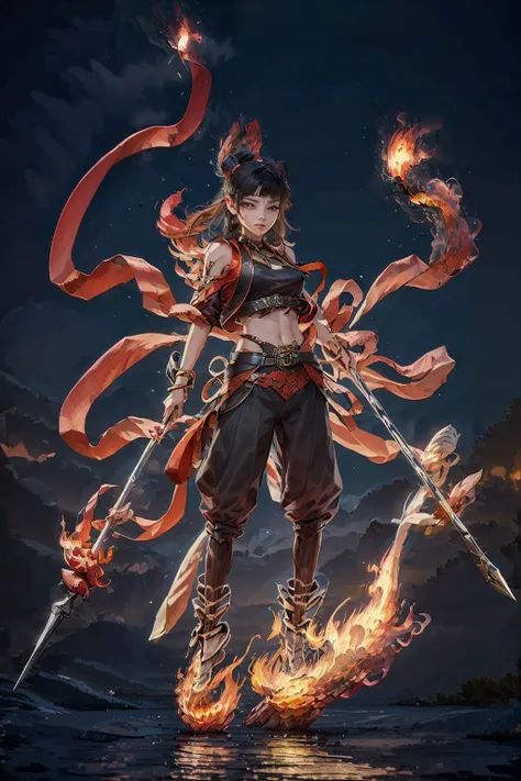 1girl,<lora:nezha_20230529030816:0.9>,8k,sharp,dynamic pose,fighting,holding polearm,, (masterpiece, best quality, high quality, highres, ultra-detailed),