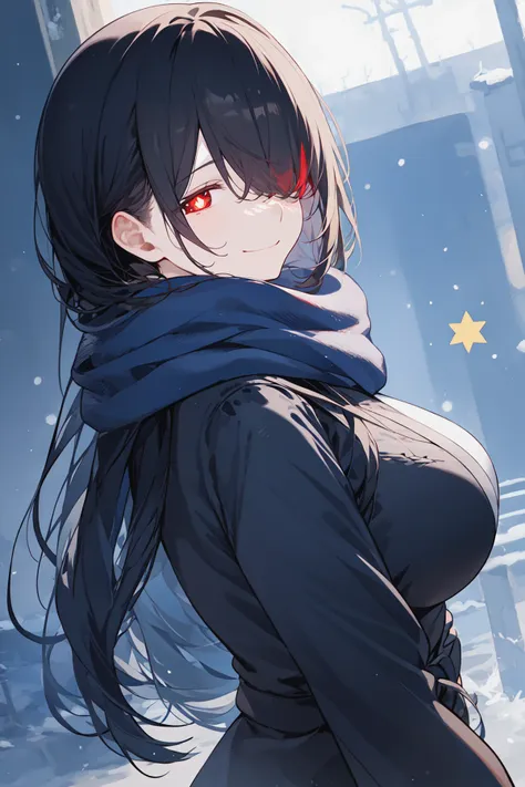 masterpiece, best quality, 1girl, solo, long hair, bangs, large breasts, red eyes, black hair, hair over one eye, symbol-shaped pupil, eye pupil, BREAK looking at viewer, star (symbol-shaped pupils), scarf winter clothes, {look back}, little smile,