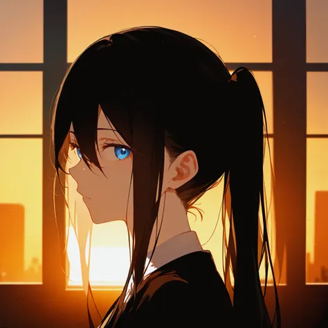 masterpiece, best quality, 1girl, solo, twintails, long hair, looking at viewer, dramatic light, window, backlighting, upper body, from side, lips, hair between eyes, indoors, closed mouth, black hair, bangs, blue eyes, sidelighting, expressionless