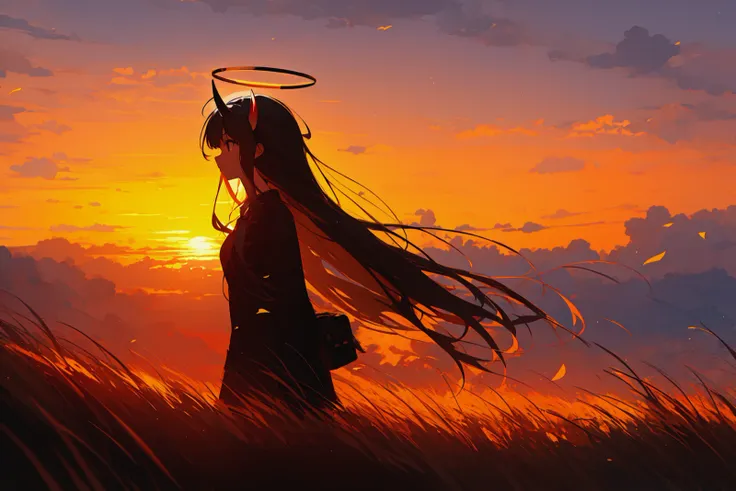 masterpiece, best quality, 
1girl, solo, long hair, halo, ahoge, outdoors, sky, cloud, from side, grass, horns, sunset, sun, silhouette, oni horns,