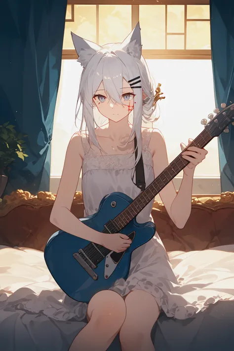 masterpiece, best quality, dramatic light, backlighting, 1girl, animal ears, instrument, solo, long hair, sitting, hair ornament, wolf ears, aged down, dress, hairclip, curtains, holding, scar, guitar, white dress, white hair, indoors, messy hair, feet out of frame, bangs, scar across eye, bare shoulders, sleeveless, grey hair, playing instrument, hair between eyes, closed mouth, looking away, on bed, sleeveless dress, window, holding instrument, collarbone, animal ear fluff