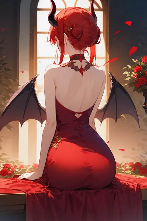 masterpiece, best quality, 1girl, wings, horns, solo, from behind, thighhighs, dress, flower, demon wings, demon horns, bare shoulders, red hair, sitting, rose, demon girl, purple dress, back, red flower, facing away, median furrow, red rose, black thighhighs, hair ornament, single hair bun, choker, indoors