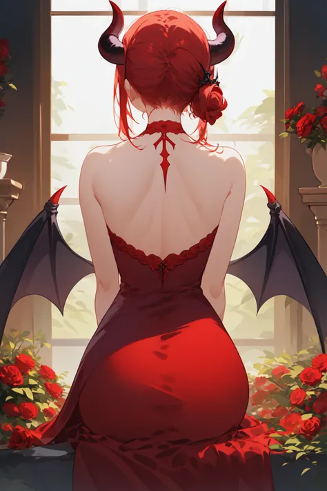 masterpiece, best quality, 1girl, wings, horns, solo, from behind, thighhighs, dress, flower, demon wings, demon horns, bare shoulders, red hair, sitting, rose, demon girl, purple dress, back, red flower, facing away, median furrow, red rose, black thighhighs, hair ornament, single hair bun, choker, indoors