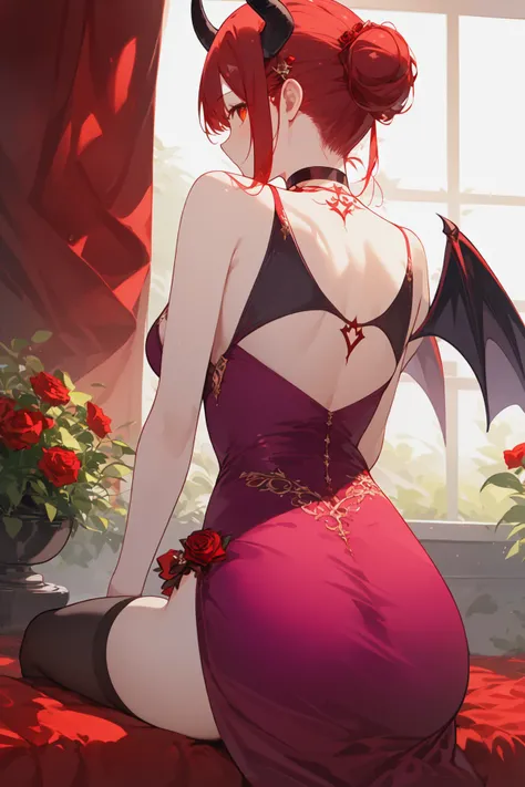 masterpiece, best quality, 1girl, wings, horns, solo, from behind, thighhighs, dress, flower, demon wings, demon horns, bare shoulders, red hair, sitting, rose, demon girl, purple dress, back, red flower, facing away, median furrow, red rose, black thighhighs, hair ornament, single hair bun, choker, indoors