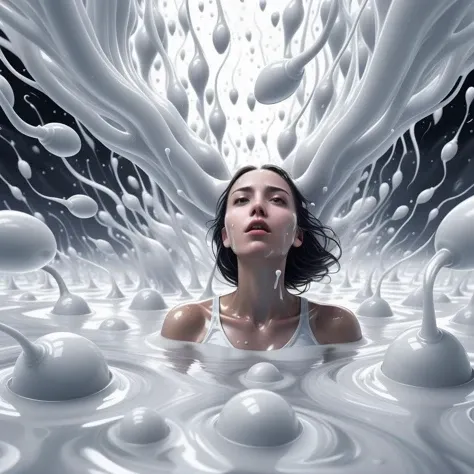 girl immersed in white liquid in a surreal world surrounded by sperm spermazoid <lora:gametes :1>