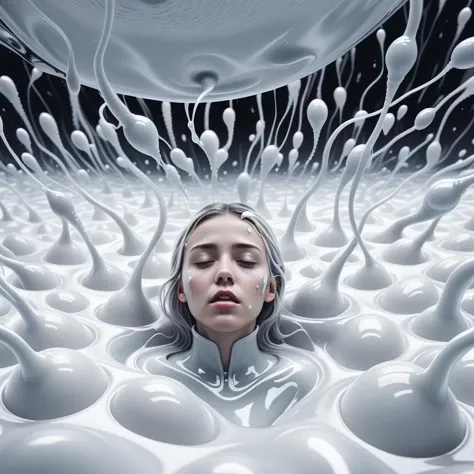 girl immersed in white liquid in a surreal world surrounded by sperm spermazoid <lora:gametes :1>