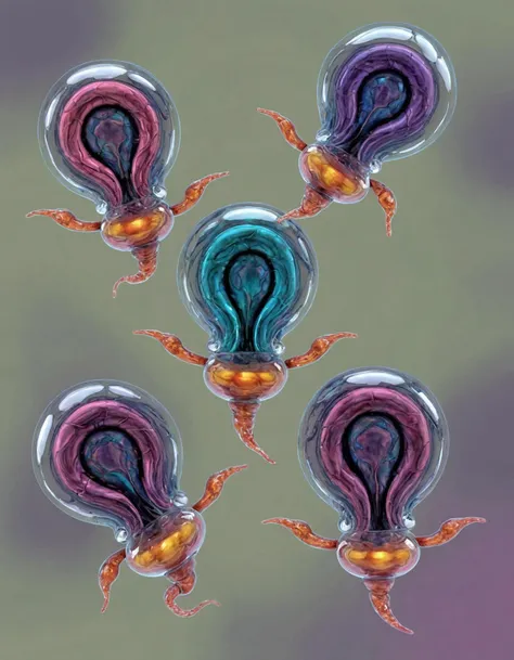 (((gametes spermazoid))), Three ethereal futuristic princes, each composed of a mesmerizing swirl of multicolored liquid, are floating within an intricate biomechanical chamber. The chamber is filled with microscopic organisms resembling gametes, or spermazoids, in a myriad of shapes and sizes, all contributing to the surreal ambiance. The princes' liquid forms exude an aura of power, as if they are the embodiment of advanced technological evolution within this futuristic realm.