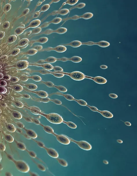 (((gametes spermazoid))), In this intricate microscopic scene, one observes multiple layers of fluid, each with a unique composition and density, creating a visually captivating gradient. At the center, a single spermatozoon, or spermazoid, propels itself through the medium in a determined, yet graceful manner. The surrounding fluids, with their varying densities, create an intriguing interplay of light and refraction, as if a miniature underwater world has been captured in this moment.