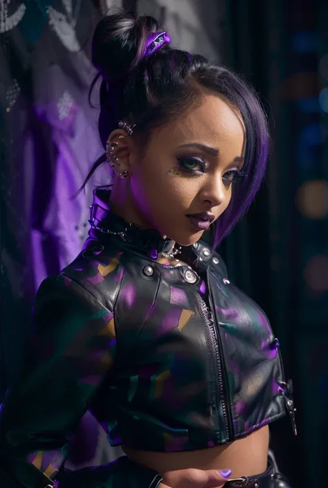 <lora:HollyHendrix_v1.0:1> <lora:theovercomer8sContrastFix_sd15:1> (to8contrast style), HollyHendrix, woman, 3/4 body shot, detailed face, wearing a black leather jacket and pants with silver studs and chains, posing in a dark and moody location with dramatic lighting and shadows, capturing the edgy and theatrical nature of the visual kei fashion style, visual kei fashion style, Manga-inspired photography, emphasizing the curves, hips, and legs, dramatic lighting and shadows, high detail, ultra high detail, visual kei fashion., (top knot:1.3)