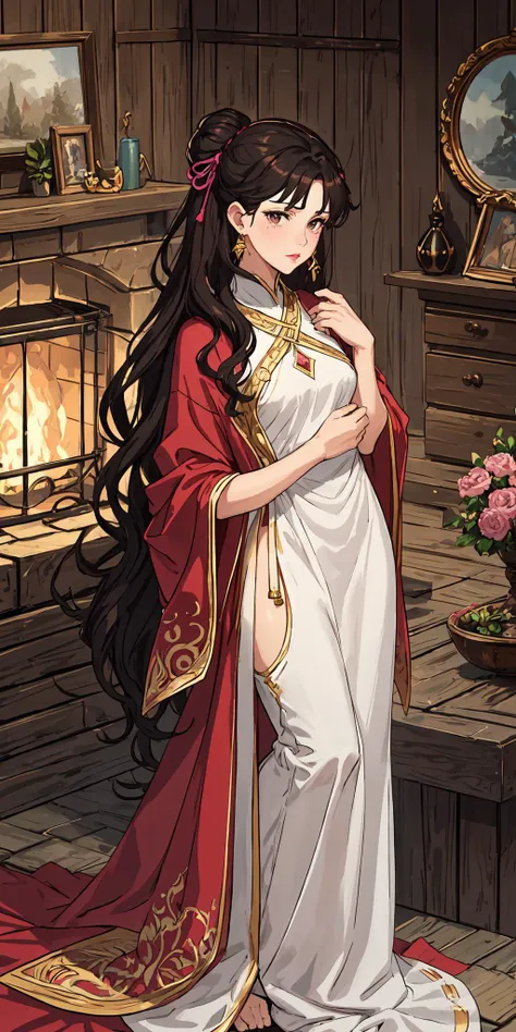 emotional, Protector of hearth and home, with a nurturing presence and a warm glow, Miss, Average Height, Skinny, Triangular Face, Fair Skin, Dark Brown Hair, dark brown Eyes, Straight Nose, Pouty Lips, Round Chin, Long Hair, Thick Hair, Wavy Updo, small breasts, Huggie earrings, hot pink stain lipstick, Harmonious garden adorned with statues of legendary creatures, <lora:epiNoiseoffset_v2Pynoise:2>