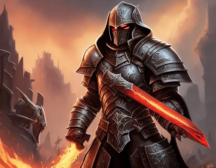 Ares with heavy armor and sword, heavy knight helmet, dark sword in Aress hand, war theme, bloodbath battlefield, fiery battle coloring, hearthstone art style, epic fantasy style art, fantasy epic digital art, epic fantasy card game art