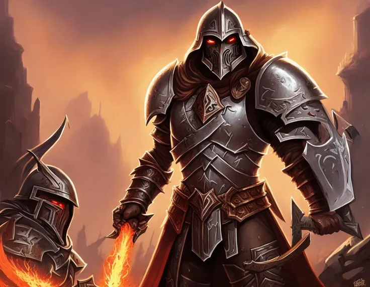 Ares with heavy armor and sword, heavy knight helmet, dark sword in Aress hand, war theme, bloodbath battlefield, fiery battle coloring, hearthstone art style, epic fantasy style art, fantasy epic digital art, epic fantasy card game art, <lora:kkw-better-v1.0a:0.4>