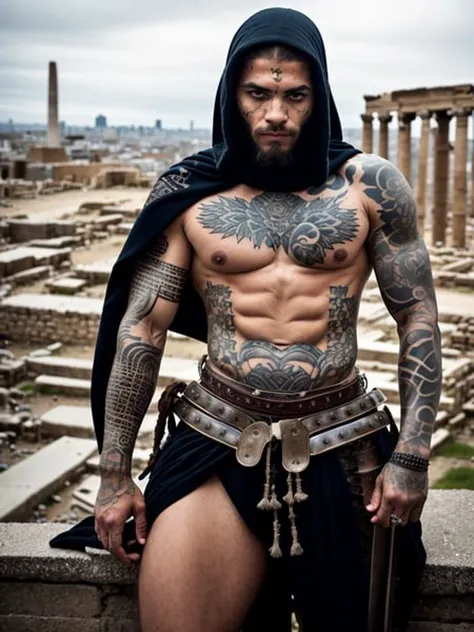 Bold RAW photo of a man in ancient armor , on a city ruins. he has an intense look, detailed skin, (with highly detailed tattoos:1.1), finely eyes. The shot is taken on a professional camera with a shallow depth of field, creating a natural and raw feel. The lighting is soft and adds to the mysterious atmosphere of the scene. The image is highly detailed, cinematic