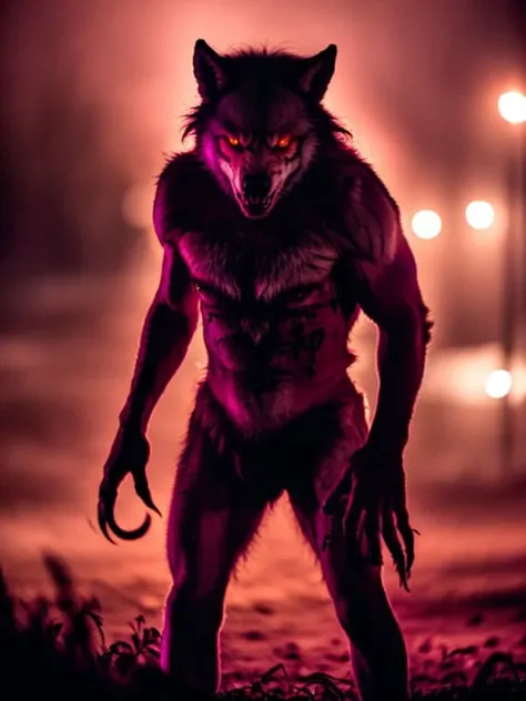 professional photograph of a bloodied werewolf from the front stay in a ground at night. soft lights. bokeh. cinematic. hq. detailed. contrast.