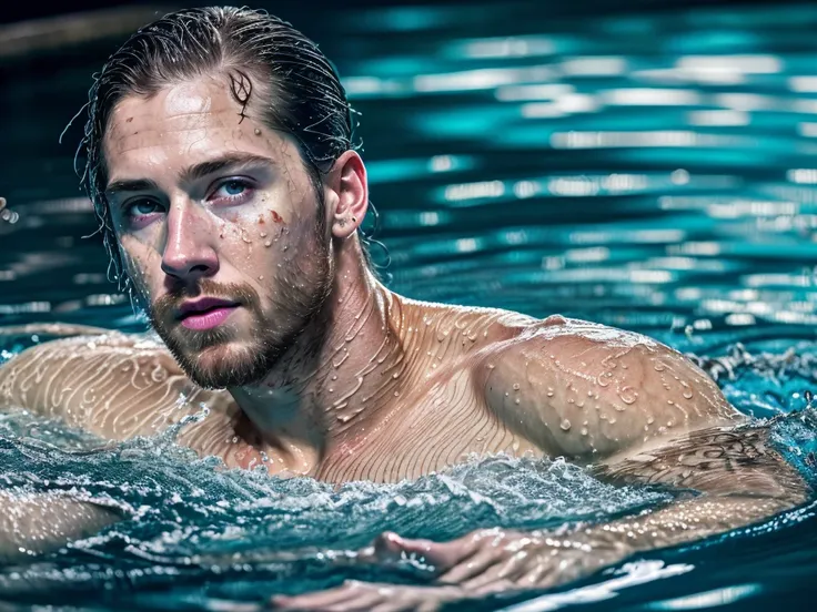 hyper-realistic mixed media painting of a man swimming in the dead of night, dim volumetric lighting, 8k octane beautifully detailed render, post-processing, portrait, extremely hyper-detailed, intricate, epic composition, cinematic lighting, masterpiece, stunning art