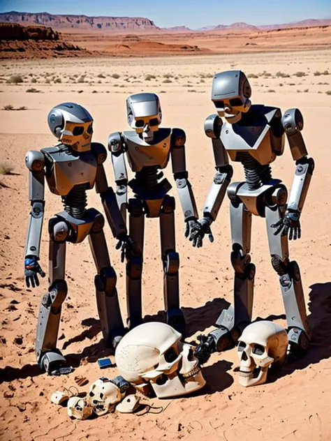 "three angular robots inspecting a human skull in a desert, high detail photograph"