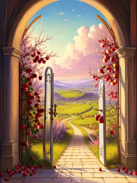 Heaven fantasy painting, big pearly gate in heaven, apples, fruit, 8k, trending on art station, digital art, Raphael Lacoste